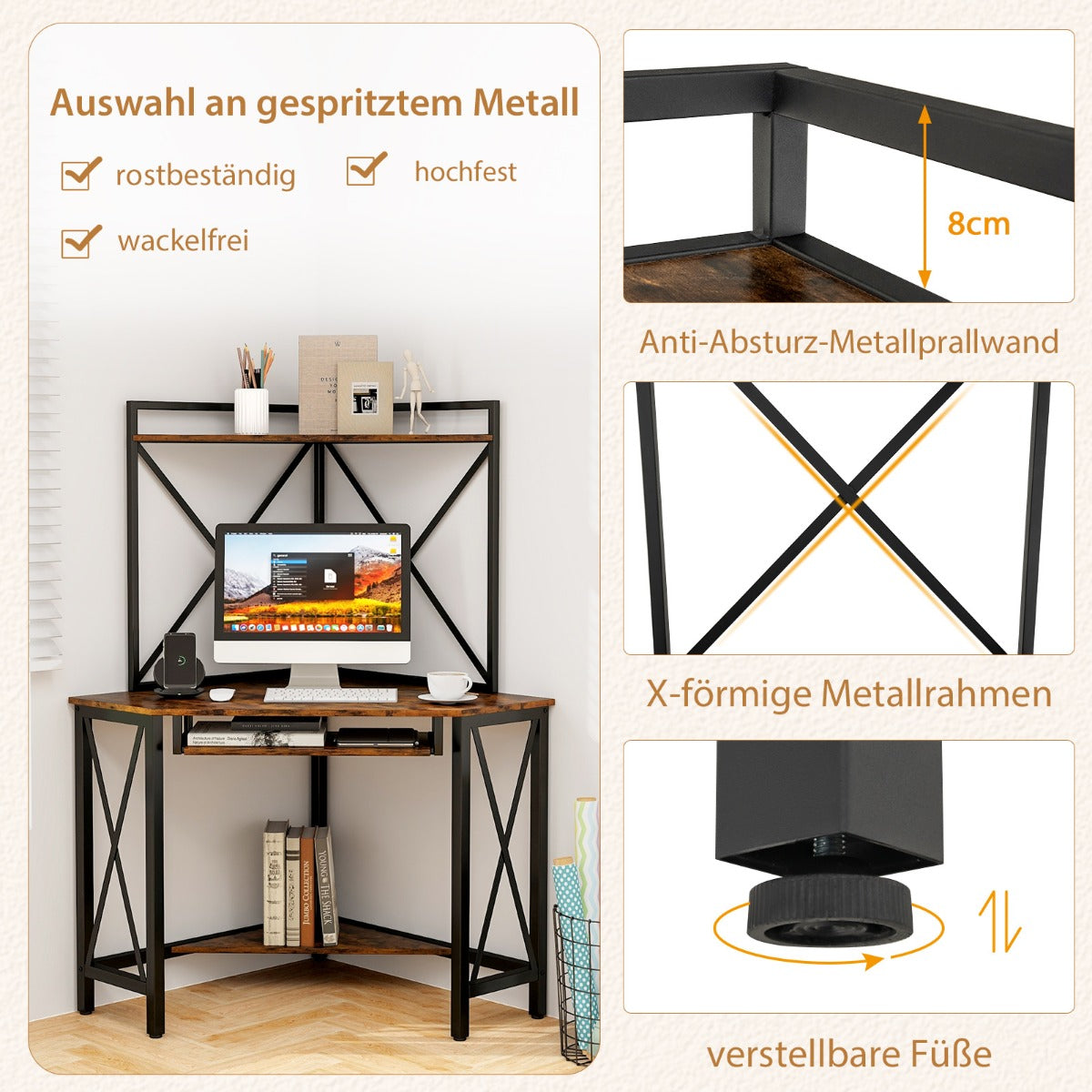 Eckschreibtisch, Schreibtisch mit Schublade, Kleiner Schreibtisch, mit Ladestation, mit Tastaturablage, Costway, 6