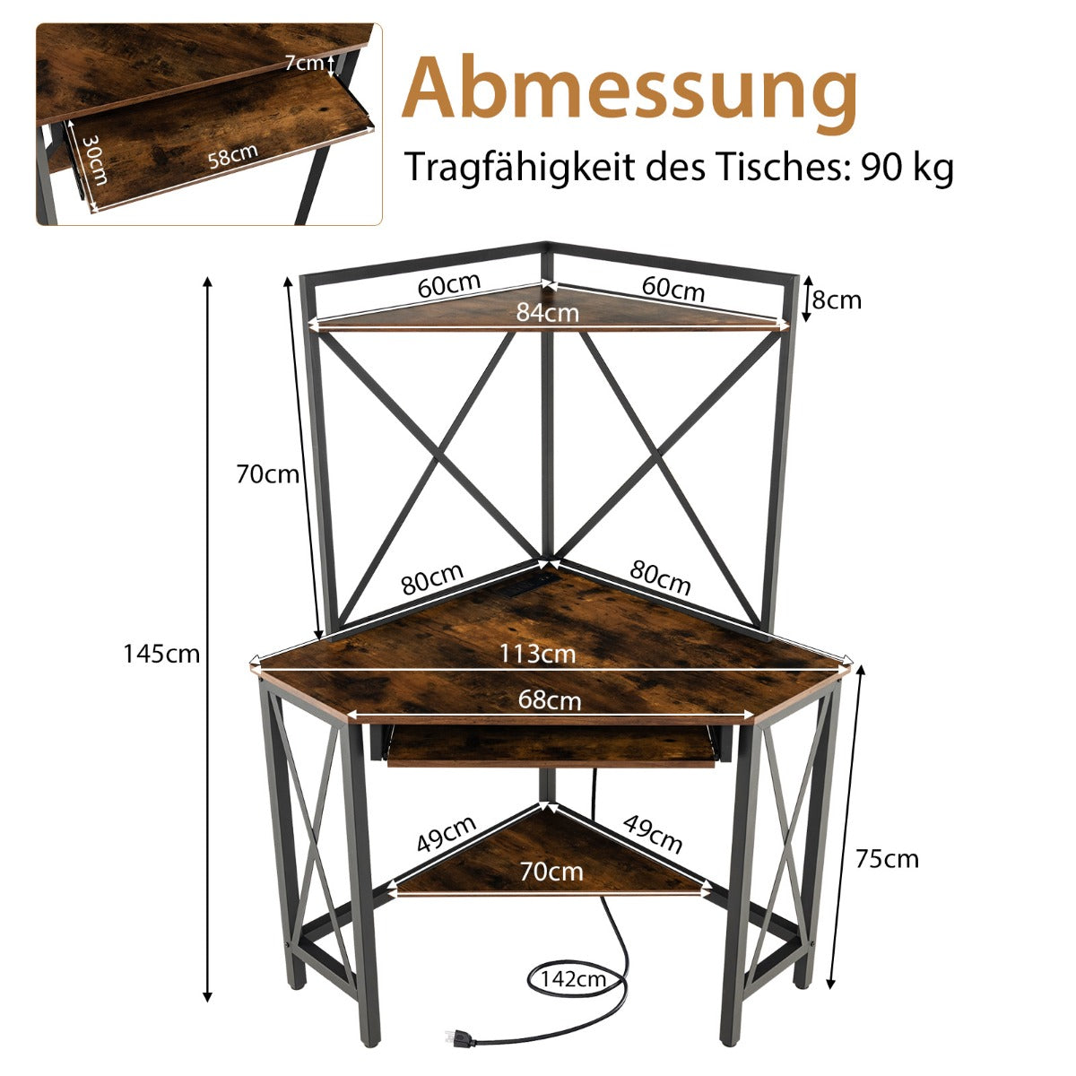 Eckschreibtisch, Schreibtisch mit Schublade, Kleiner Schreibtisch, mit Ladestation, mit Tastaturablage, Costway, 7
