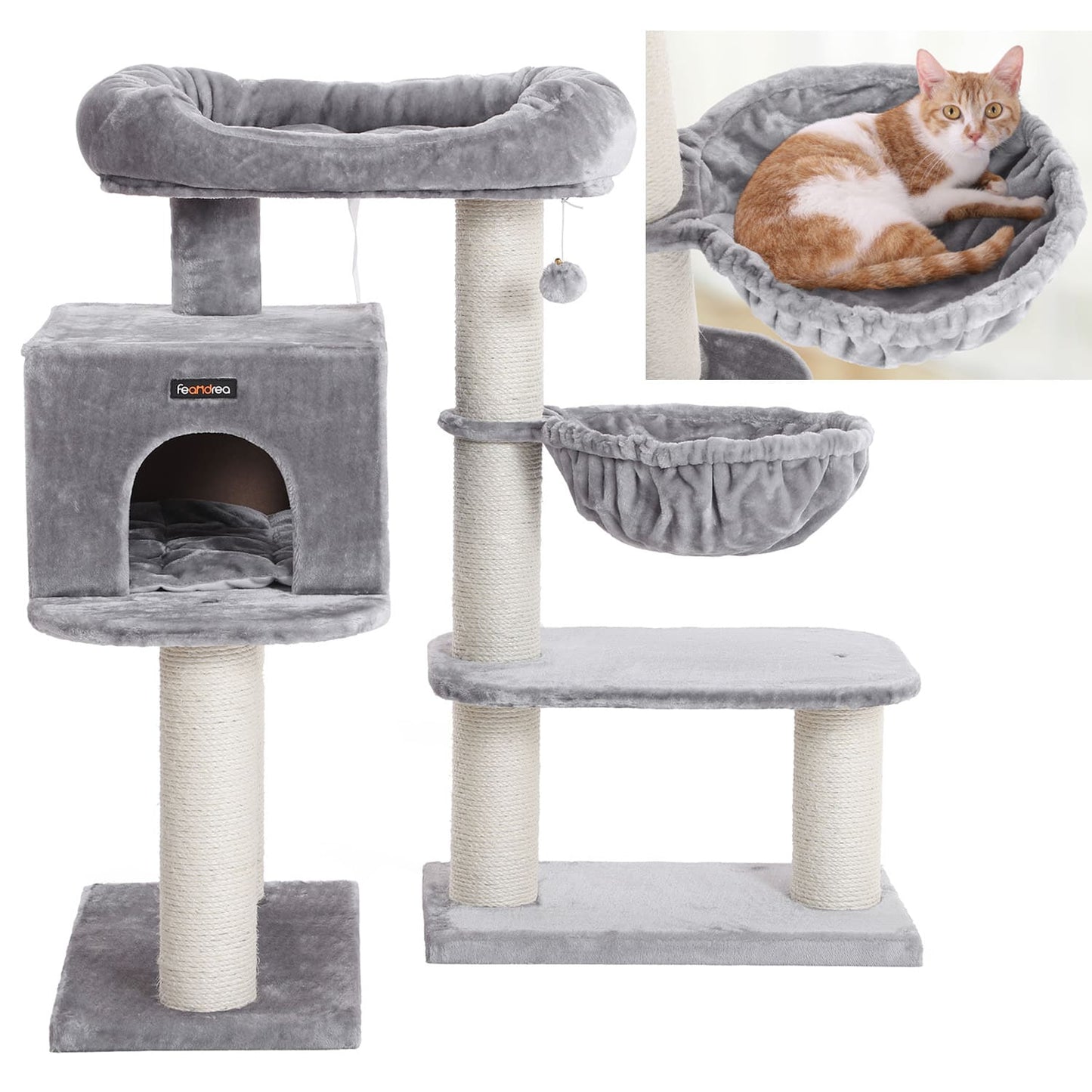 Kratzbaum, Kratzbaum mit XXL Aussichtsplattform, große Kuschelhöhle, verstellbare Elemente, extra Dicke Stämme, Feandrea