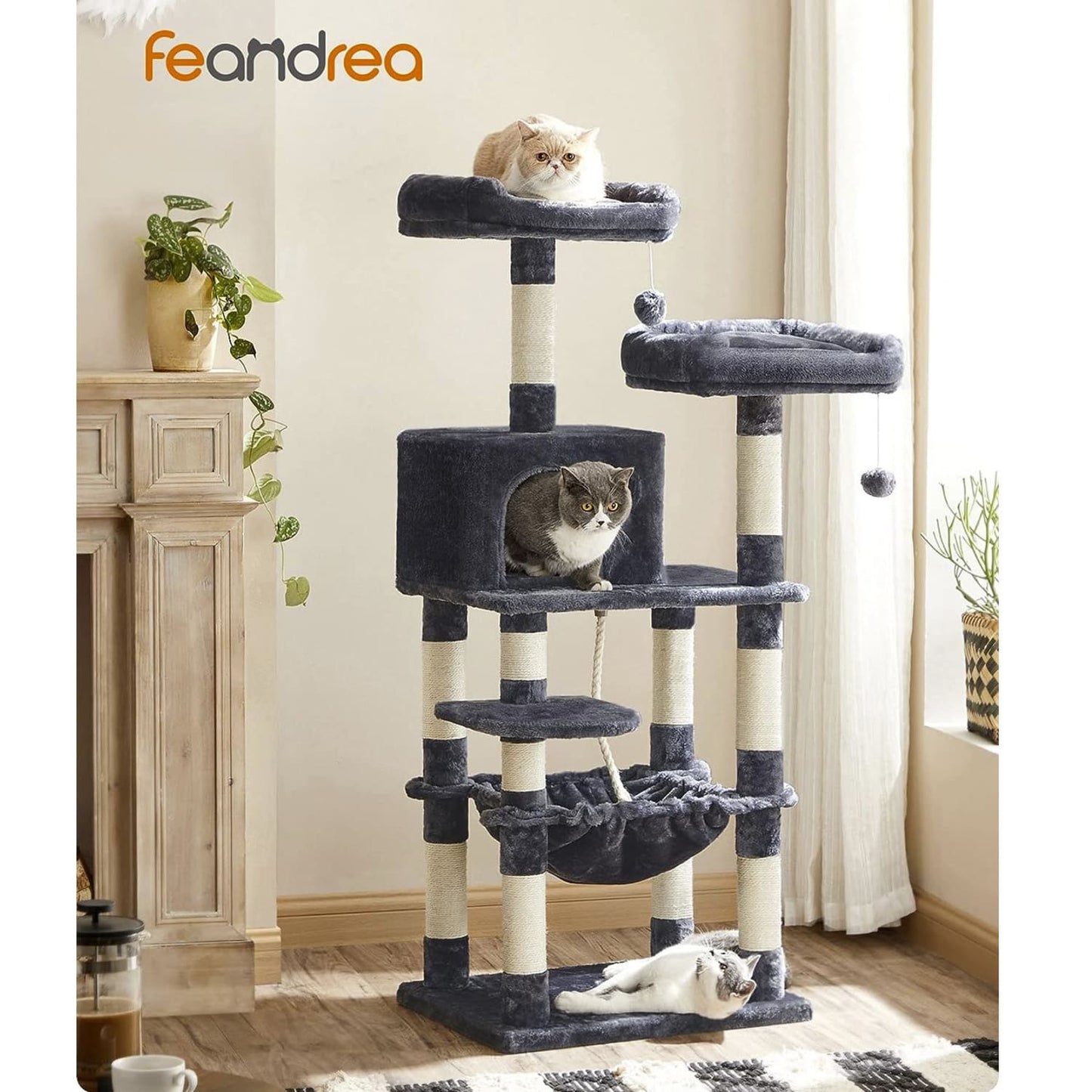 Katzenbaum, 143 cm Hoch, Kratzbaum, Katzenbaum mit 11 Kratzsäulen, 2 Plattformen, 1 Katzenhöhle, 1 Hängematte, Feandrea, 2