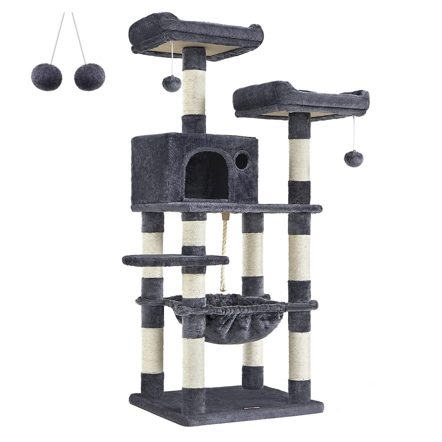 Katzenbaum, 143 cm Hoch, Kratzbaum, Katzenbaum mit 11 Kratzsäulen, 2 Plattformen, 1 Katzenhöhle, 1 Hängematte, Feandrea, 1