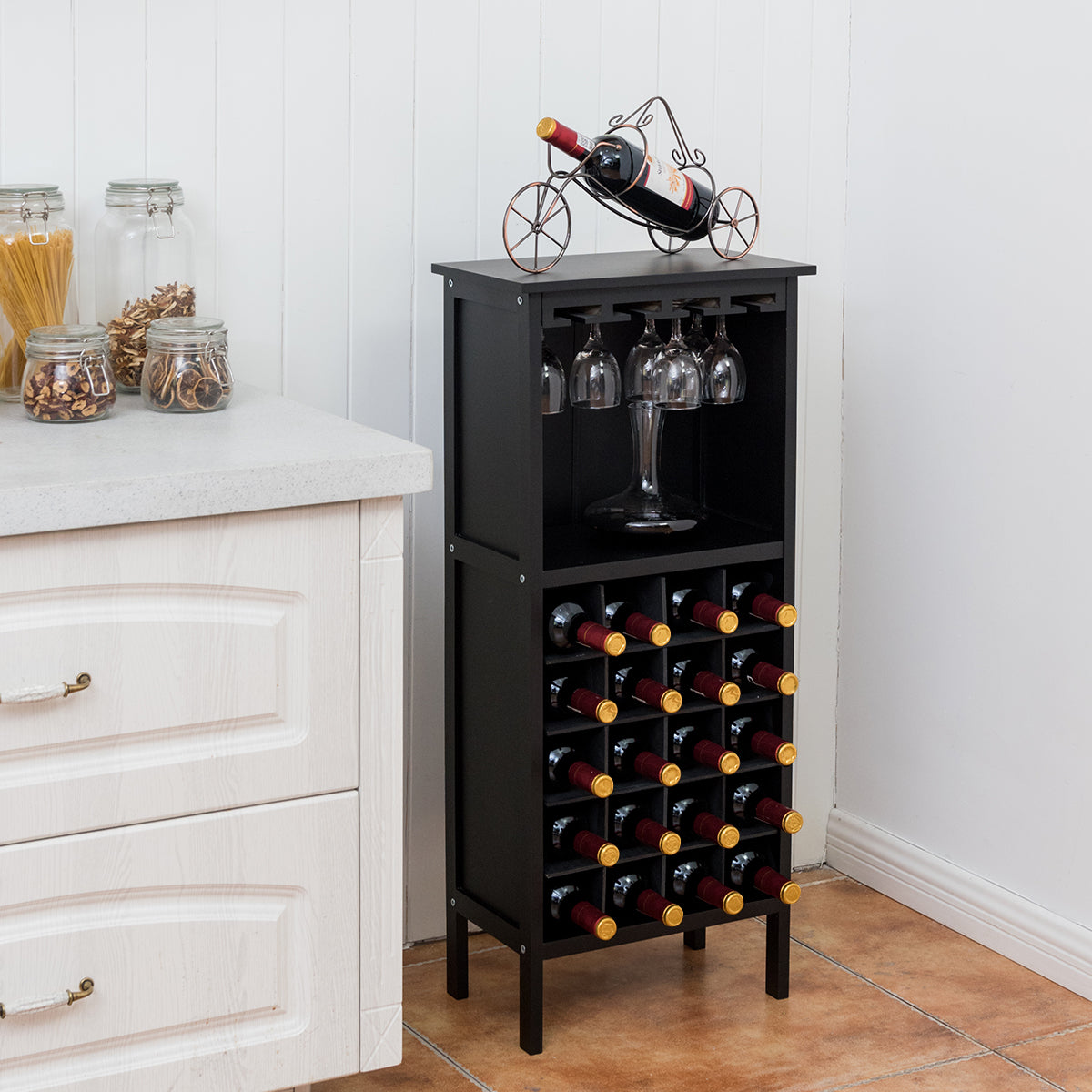 Flaschenregal, Weinregal, aus Holz, bis 20 bottles, Weinständer Holzregal Weinschrank Kolonialstil Schwarz, Costway, 1