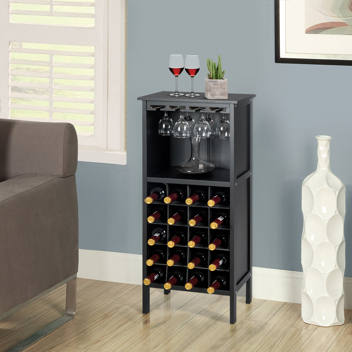 Flaschenregal, Weinregal, aus Holz, bis 20 bottles, Weinständer Holzregal Weinschrank Kolonialstil Schwarz, Costway, 2