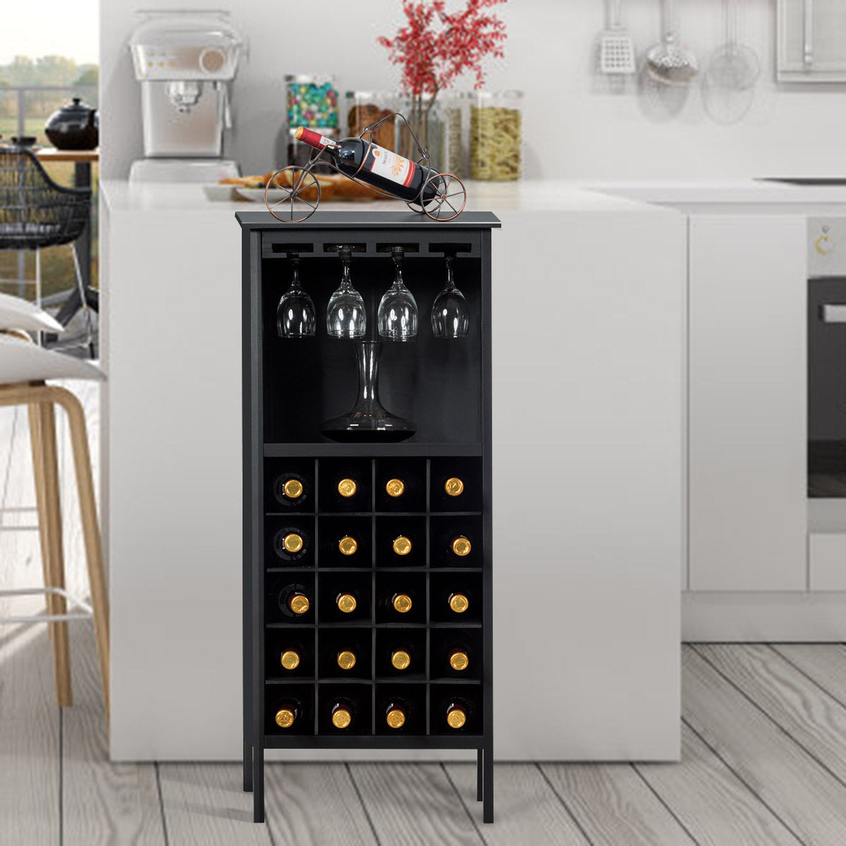 Flaschenregal, Weinregal, aus Holz, bis 20 bottles, Weinständer Holzregal Weinschrank Kolonialstil Schwarz, Costway, 3