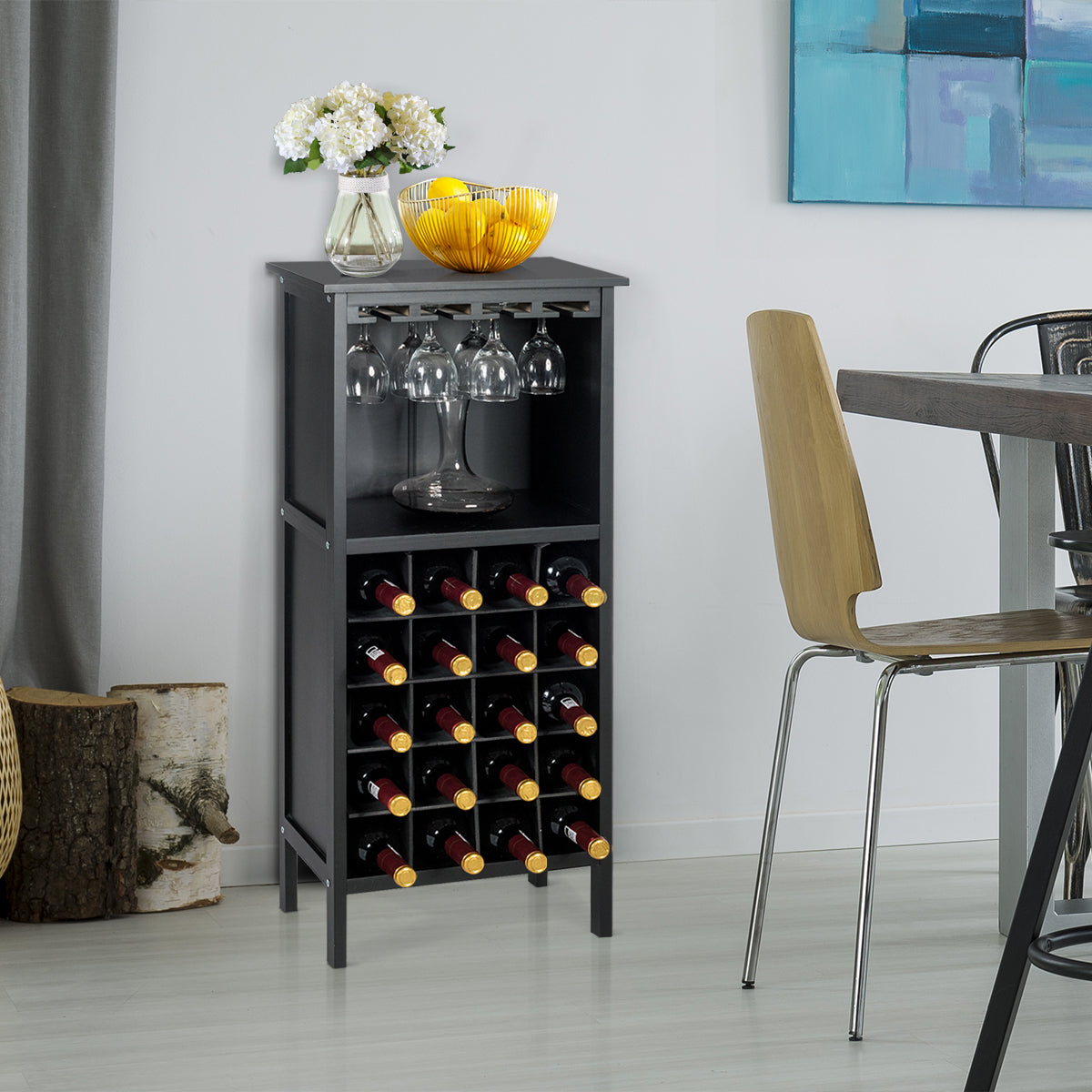Flaschenregal, Weinregal, aus Holz, bis 20 bottles, Weinständer Holzregal Weinschrank Kolonialstil Schwarz, Costway, 6