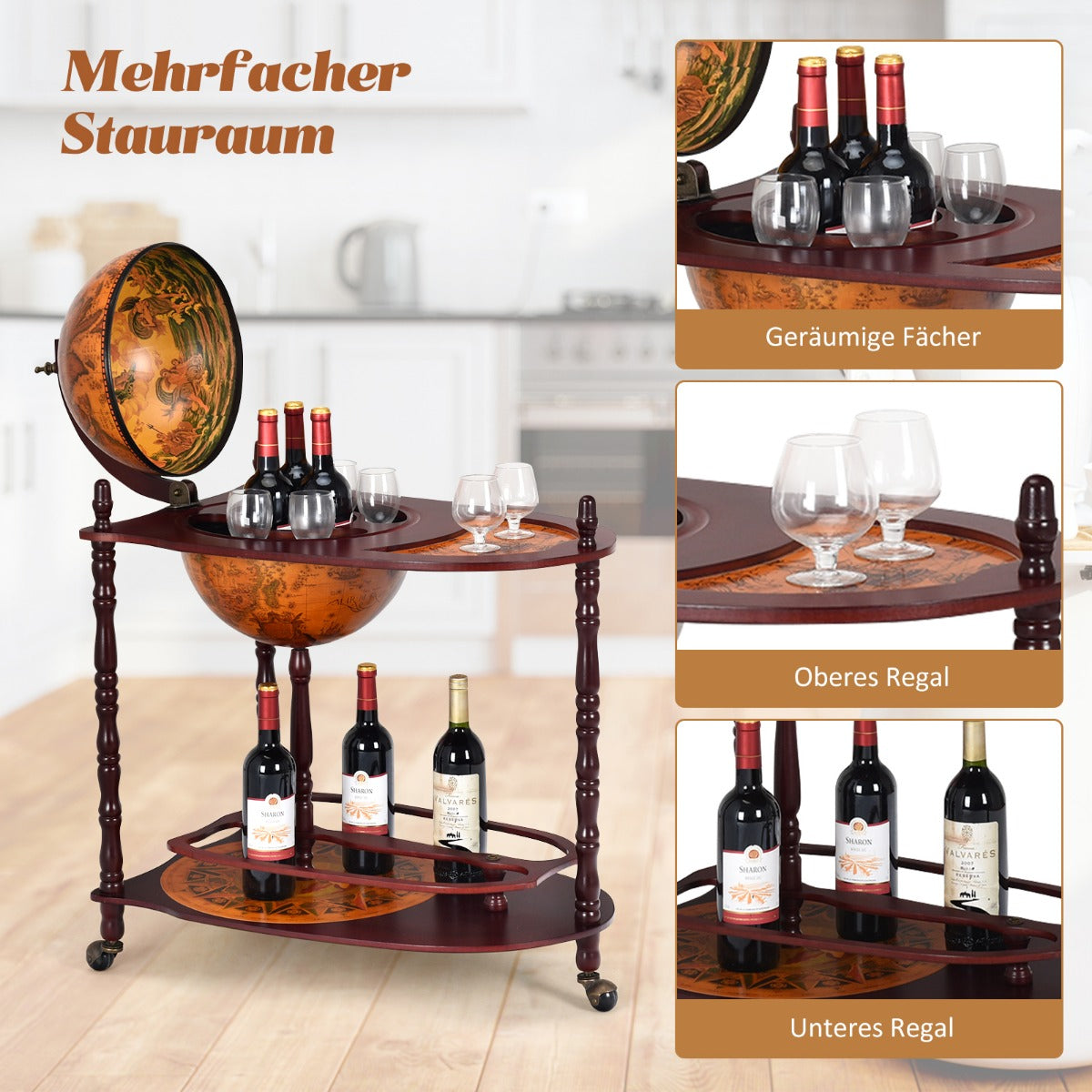 Flaschenregal, Weinregal mit Rollen, Globusbar aus Eukalyptusholz auf 3 Rollen zum Öffnen Heimbar, Costway, 3