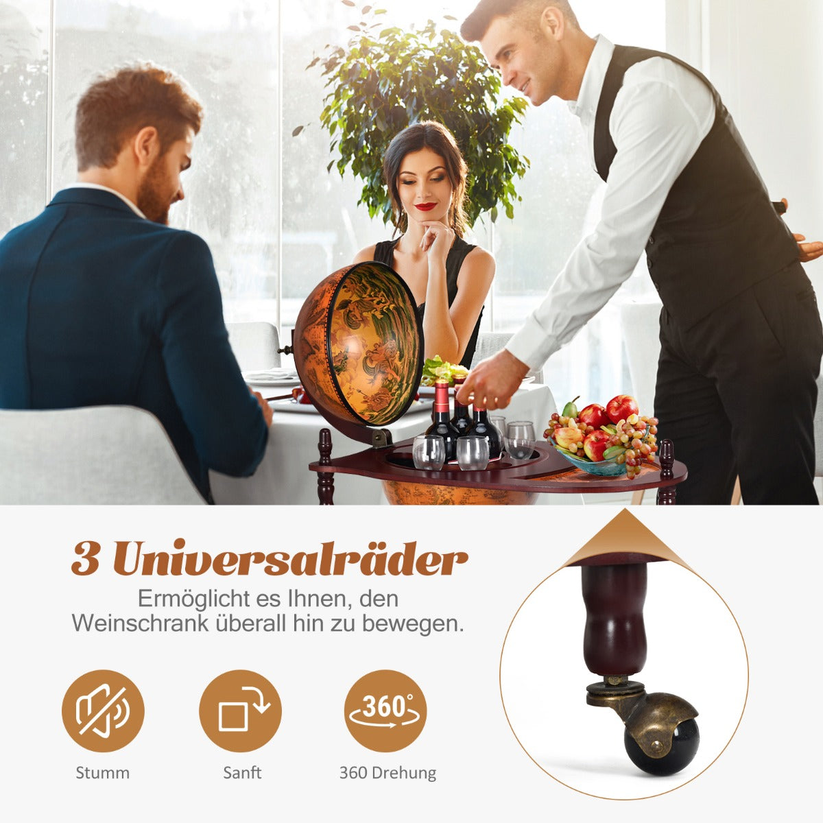 Flaschenregal, Weinregal mit Rollen, Globusbar aus Eukalyptusholz auf 3 Rollen zum Öffnen Heimbar, Costway, 5