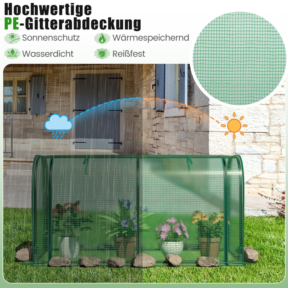 Foliengewächshaus, 2 in 1, Gewächshaus mit Aufrollbarer Reißverschlusstür PE-Abdeckung für Hochbeet, Gewächshaus folie, 118x55x60 cm, Grün, Costway, 5