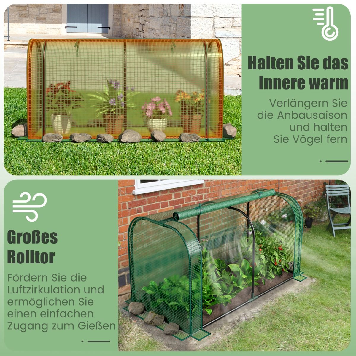 Foliengewächshaus, 2 in 1, Gewächshaus mit Aufrollbarer Reißverschlusstür PE-Abdeckung für Hochbeet, Gewächshaus folie, 118x55x60 cm, Grün, Costway, 7