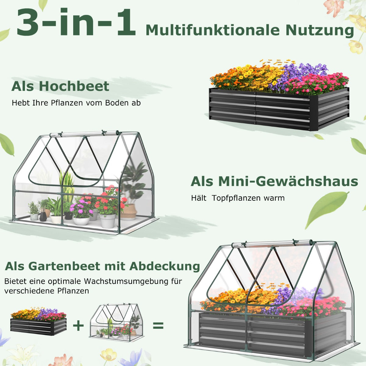 Foliengewächshaus, 3 in 1 Gewächshaus garten, mit Hochbeet Metall Pflanzkasten PVC-Folie Blumenbeet mit zwei Fenstern 129x97x96 cm, Silber, Costway, 8