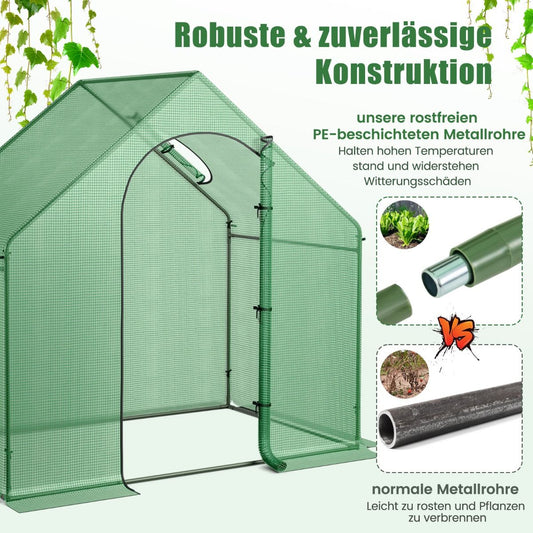 Foliengewächshaus, Gewächshaus groß, Begehbarer Gewächshaus mit PE-Abdeckung & Roll-Up Reißverschluss-Tür & Fenster, 179x100x167 cm, Grün, Costway, 5