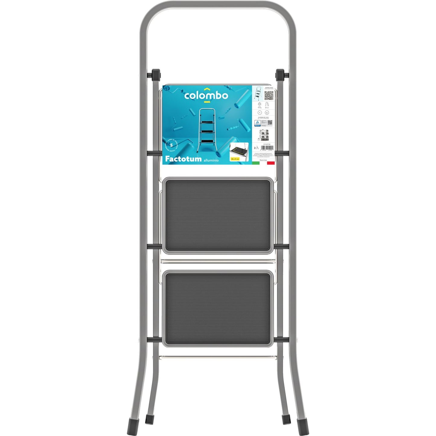 Trittleiter 3 Stufen, Klappleiter Alu, Stufenleiter, Stufengröße 30x21 cm, Max. Belastbar: 150 kg, Hergestellt in Italien, Colombo FACTOTUM ALUMINIUM Trittleiter 3 Stufen, 3
