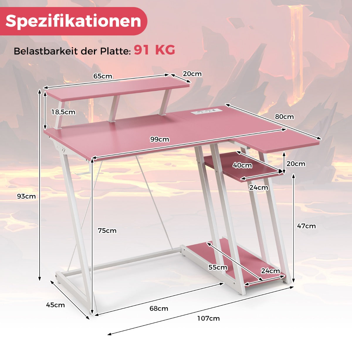 Gaming Tisch, PC Tisch, Computertisch, L Schreibtisch, Gaming Schreibtisch, mit Monitorregal, Rosa, Costway, 3