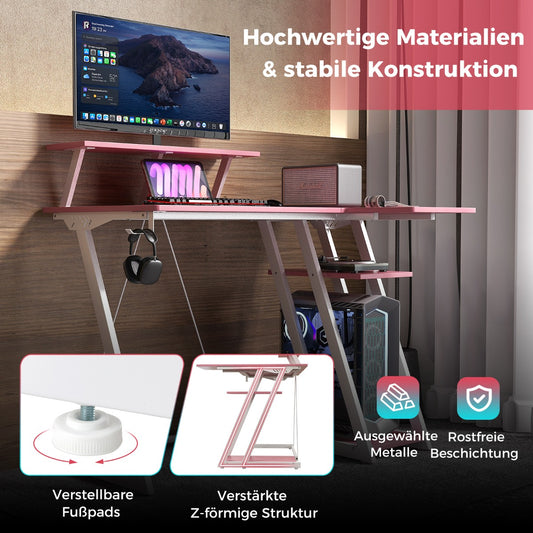 Gaming Tisch, PC Tisch, Computertisch, L Schreibtisch, Gaming Schreibtisch, mit Monitorregal, Rosa, Costway, 7