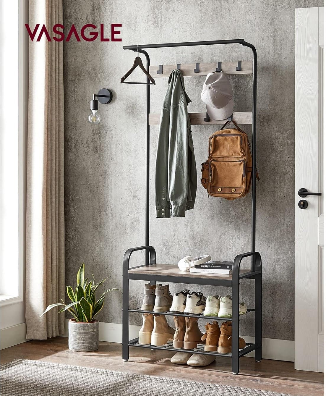 Garderobe, Flurgarderobe, Flurgarderobe mit Sitzbank, Flurgarderobe Schmal,  Schuhregal mit Sitzfläche, 2 Ablagen, Vasagle, 2