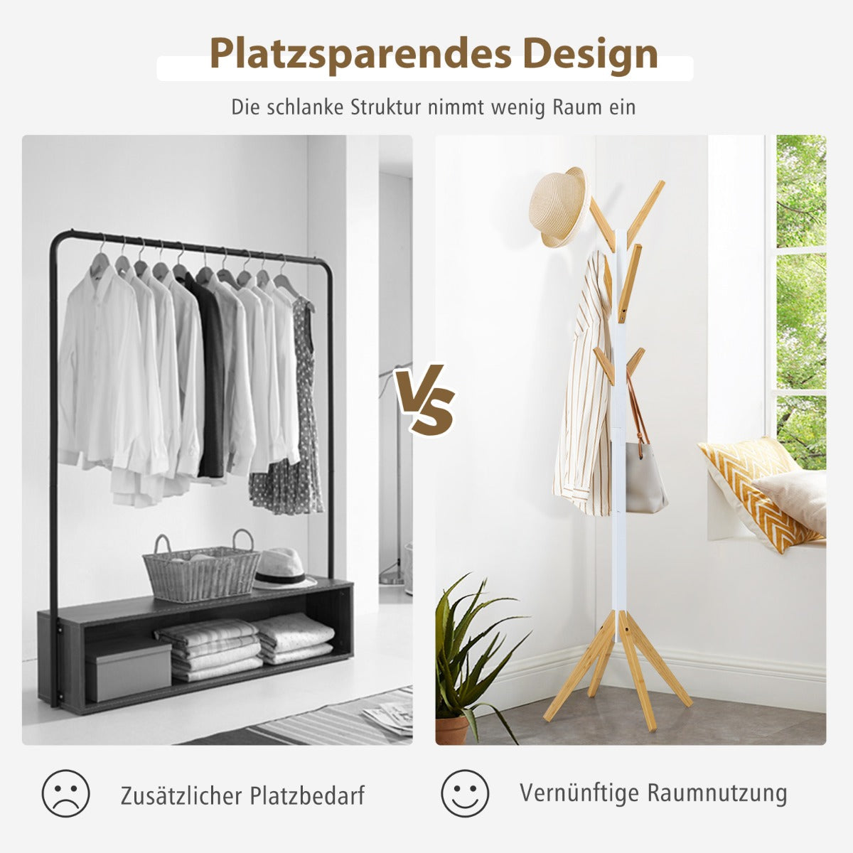 Garderobenständer, Jackenständer, Garderobenständer aus Bambus, mit 6 Haken Kleiderständer, 55x55x179 cm, Costway, 5