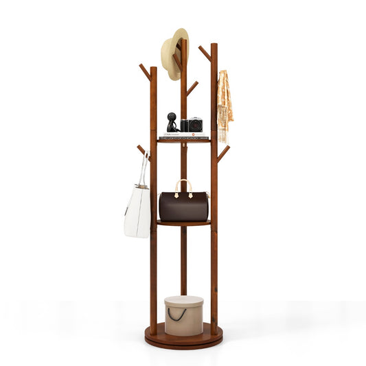 Garderobenständer, Kleiderständer Holz, Garderobenständer Holz, Drehbarer, mit 3 Ablagefächern & 9 Haken, Costway, 1