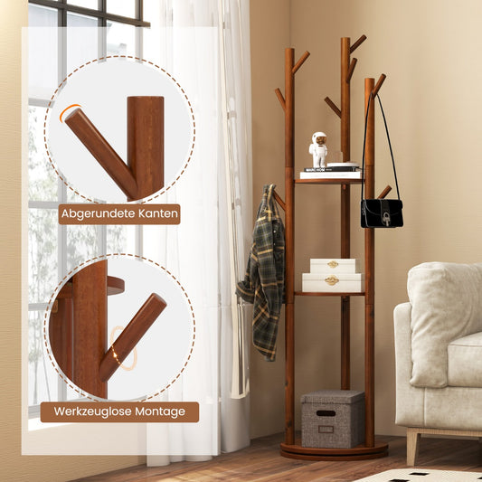 Garderobenständer, Kleiderständer Holz, Garderobenständer Holz, Drehbarer, mit 3 Ablagefächern & 9 Haken, Costway, 3
