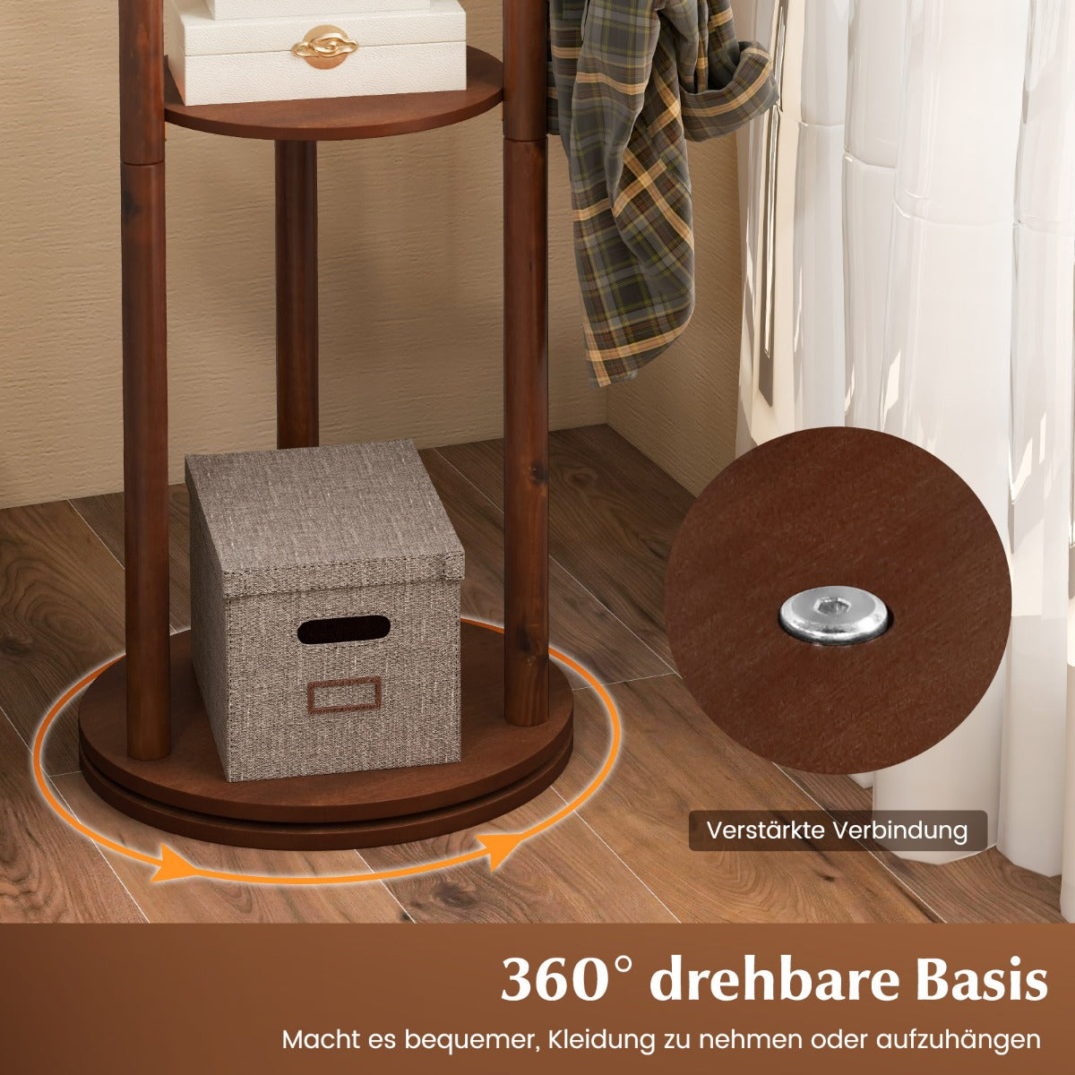 Garderobenständer, Kleiderständer Holz, Garderobenständer Holz, Drehbarer, mit 3 Ablagefächern & 9 Haken, Costway, 5