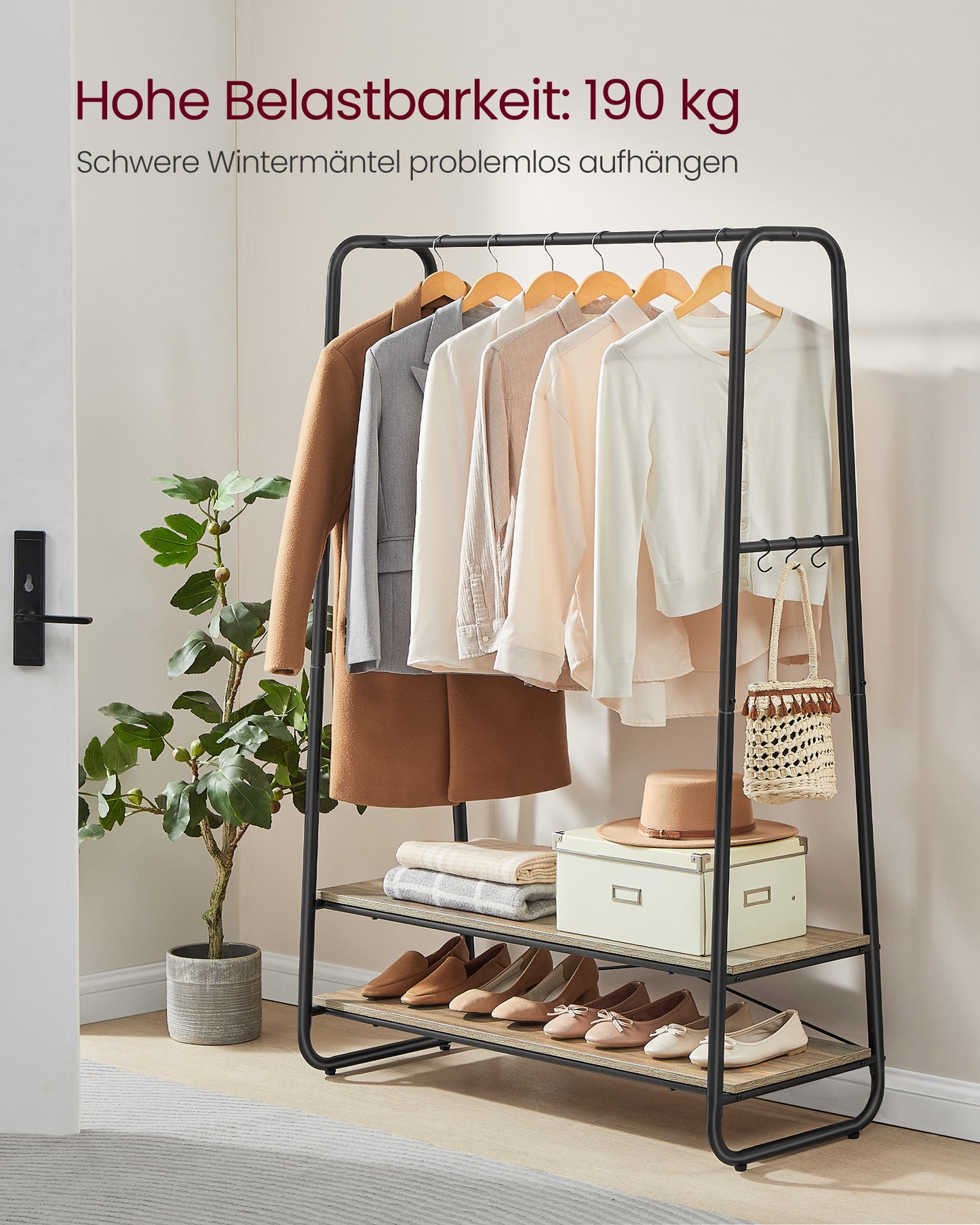 Garderobenständer mit 2 Ablagen, Schwerlast Kleiderständer, bis 190 kg belastbar, Garderobe Flur, VASAGLE, 2