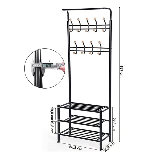 Garderobenständer, Kleiderständer mit 3 Schuhablagen, Metall