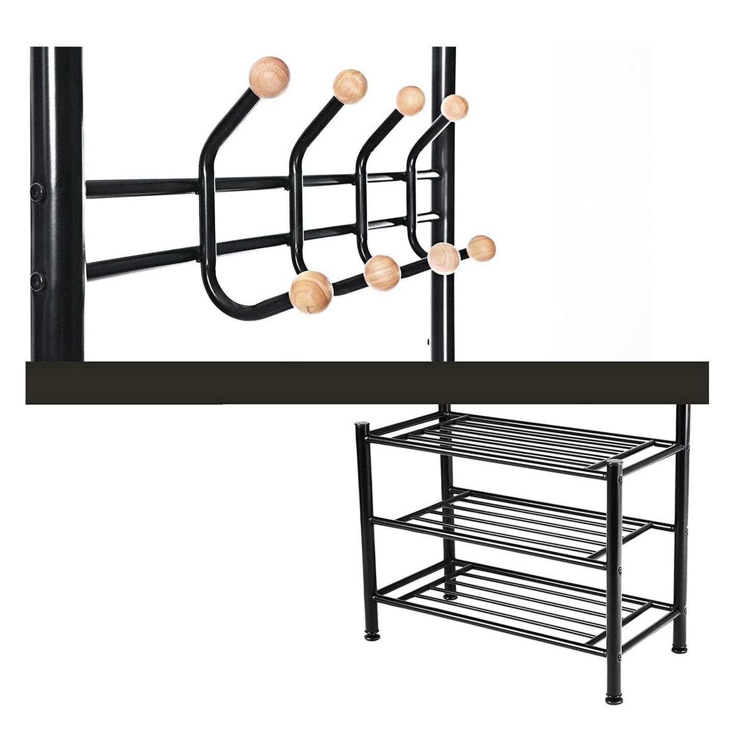 SONGMICS - Garderobenständer, Kleiderständer mit 3 Schuhablagen, Garderobe mit 18 Haken, Metall, 68,8 x 35,2 x 187 cm, schwarz
