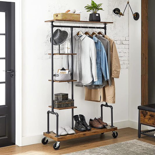 Garderobenständer, Kleiderständer auf Rollen, mit 5 Ablagen, Offener Kleiderschrank,, Holzoptik, Vintage, VASAGLE, 1