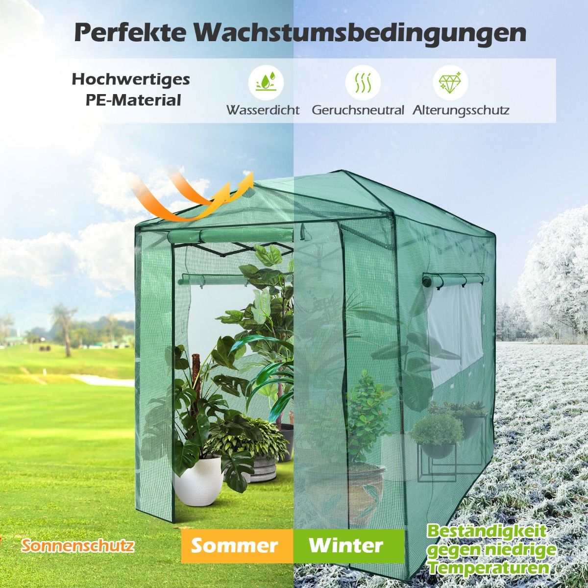 Gewächshaus, Foliengewächshaus, Gewächshaus groß, Tragbares Pop-up-Gewächshaus Begehbares, Gewächshaus folie 180 x 250 x 230 cm, Grün, Costway, 4