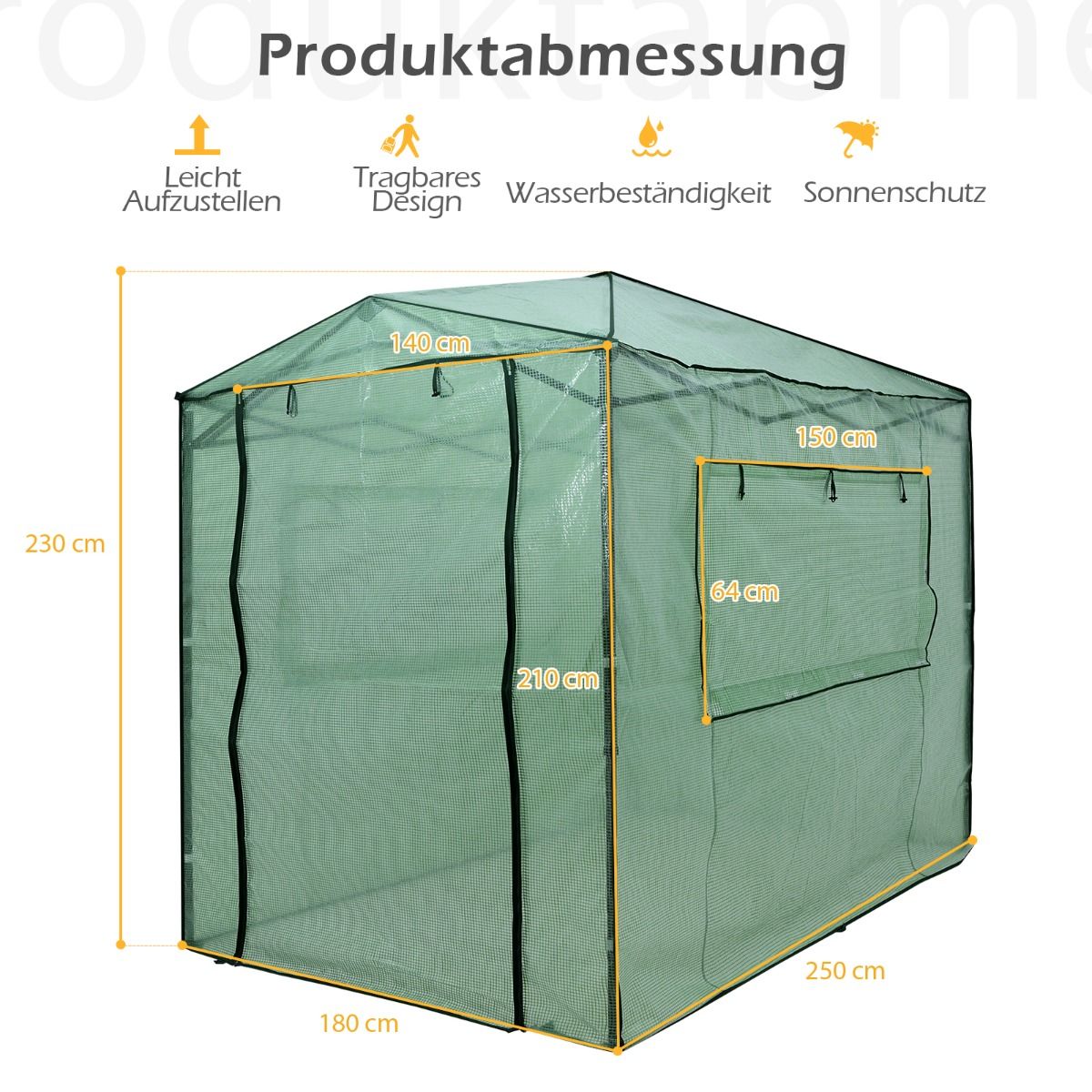Gewächshaus, Foliengewächshaus, Gewächshaus groß, Tragbares Pop-up-Gewächshaus Begehbares, Gewächshaus folie 180 x 250 x 230 cm, Grün, Costway, 9