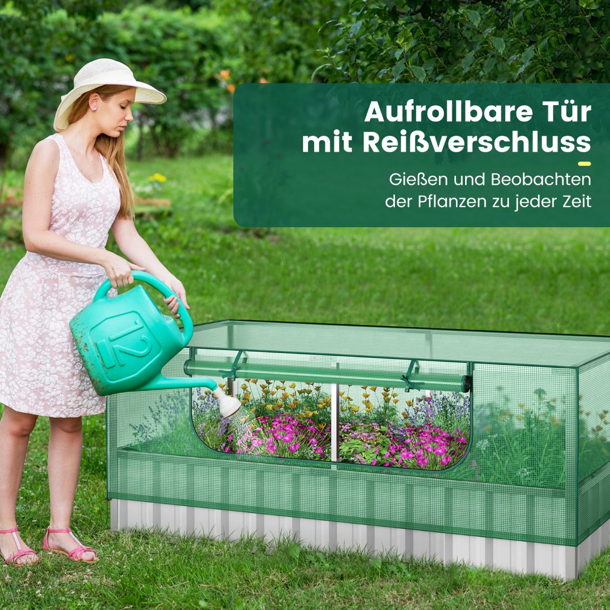 Gewächshaus groß, Foliengewächshaus, Gewächshaus folie, 174x90x70 cm großes verzinktes Hochbeet mit Gewächshausabdeckung, Grün und Silber, Costway, 4