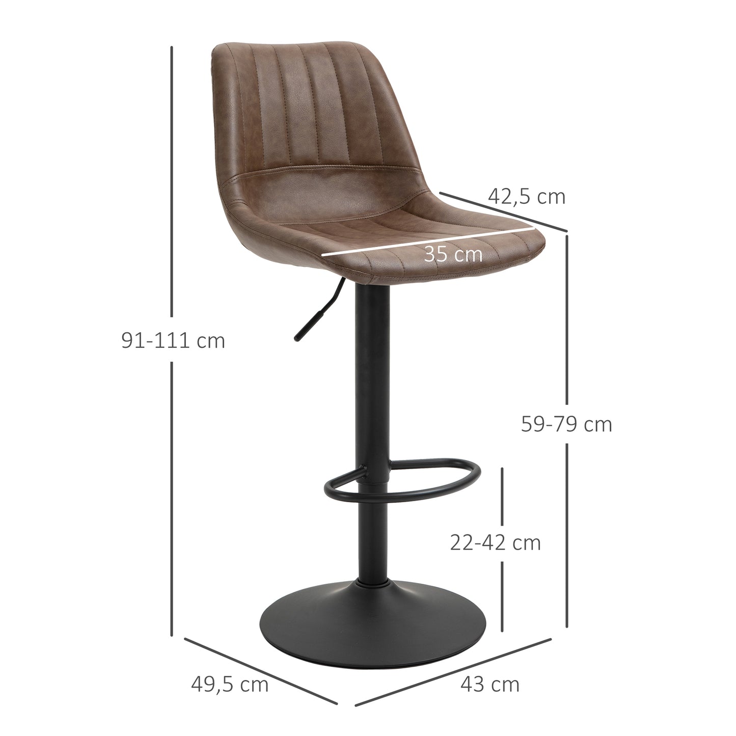 Barhocker 2er set, Barhocker höhenverstellbar, Küchenhocker, Barstuhl, Barhocker küche, Kunstleder, Stahl, Braun, HOMCOM, 1