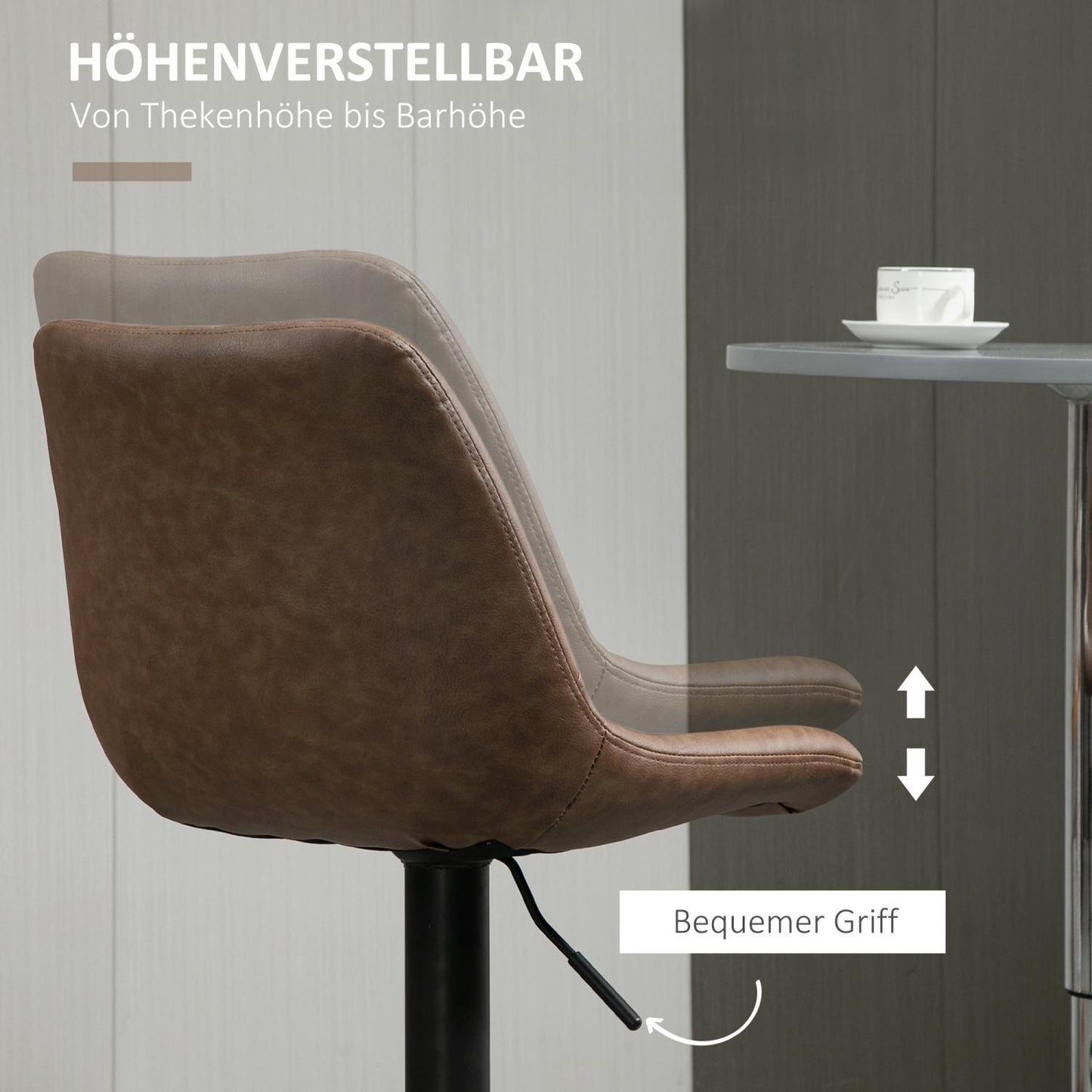 Barhocker 2er set, Barhocker höhenverstellbar, Küchenhocker, Barstuhl, Barhocker küche, Kunstleder, Stahl, Braun, HOMCOM, 3