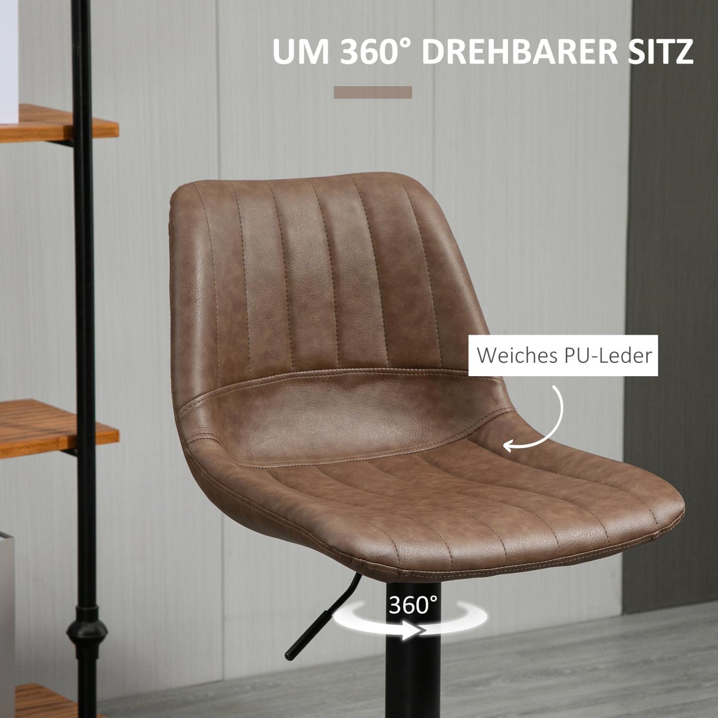 Barhocker 2er set, Barhocker höhenverstellbar, Küchenhocker, Barstuhl, Barhocker küche, Kunstleder, Stahl, Braun, HOMCOM, 4