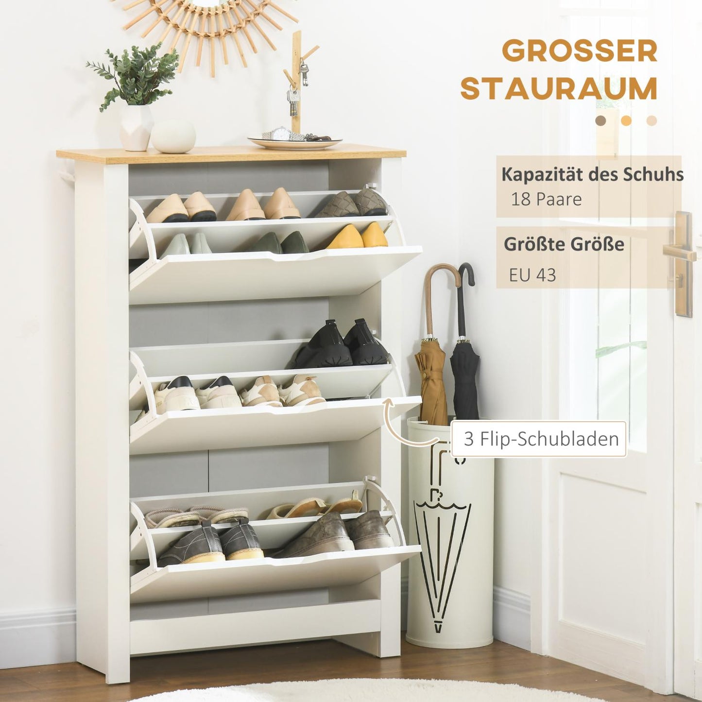 Schuhschrank, Schuhkipper schmal, Schuhregal mit 3 Klappen für 18 Paar, Schuhe platzsparend Schuhständer Weiß+Natur HOMCOM, 2