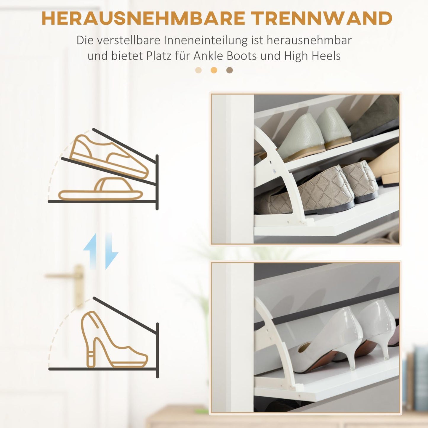 Schuhschrank, Schuhkipper schmal, Schuhregal mit 3 Klappen für 18 Paar, Schuhe platzsparend Schuhständer Weiß+Natur HOMCOM, 4