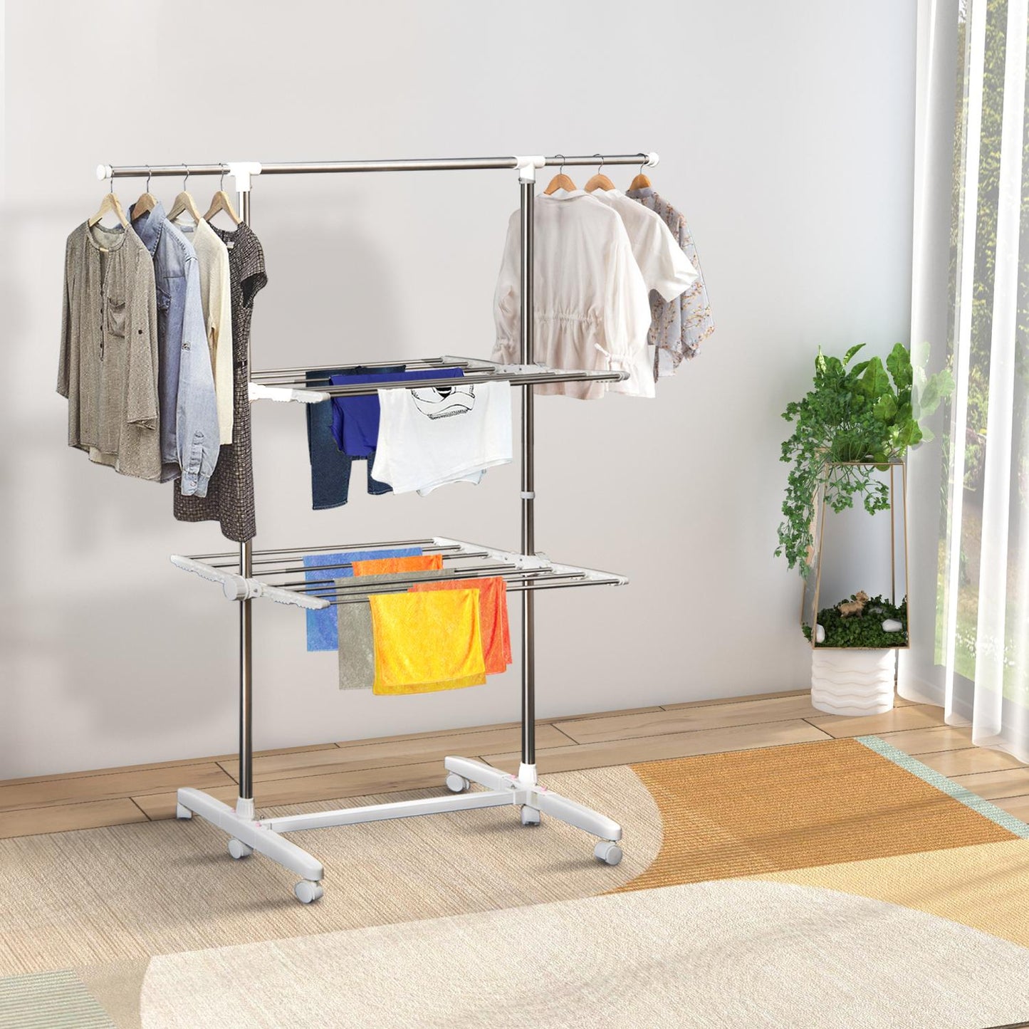 Wäscheständer platzsparend, Wäscheständer hoch, Wäscheturm, Wäschetrockner-Turm Seitenflügel auf 2 Ebenen klappbar HOMCOM