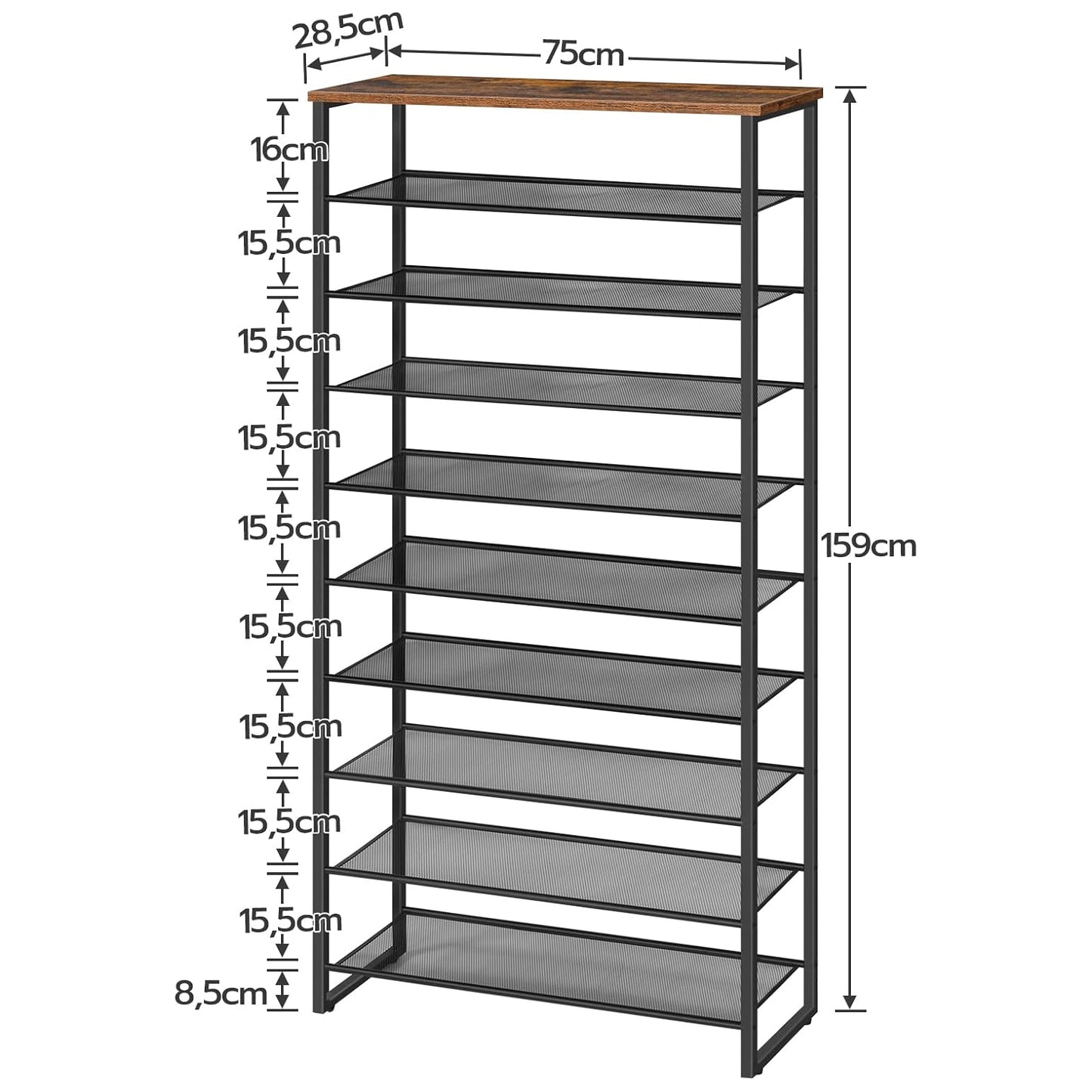 Schuhregal, 10 Ebenen, Schuhregal metall, 9 Netzablage für 32-40 Paar, Schuhregal Schmal Hoch, Braun-Schwarz, HOOBRO, 3