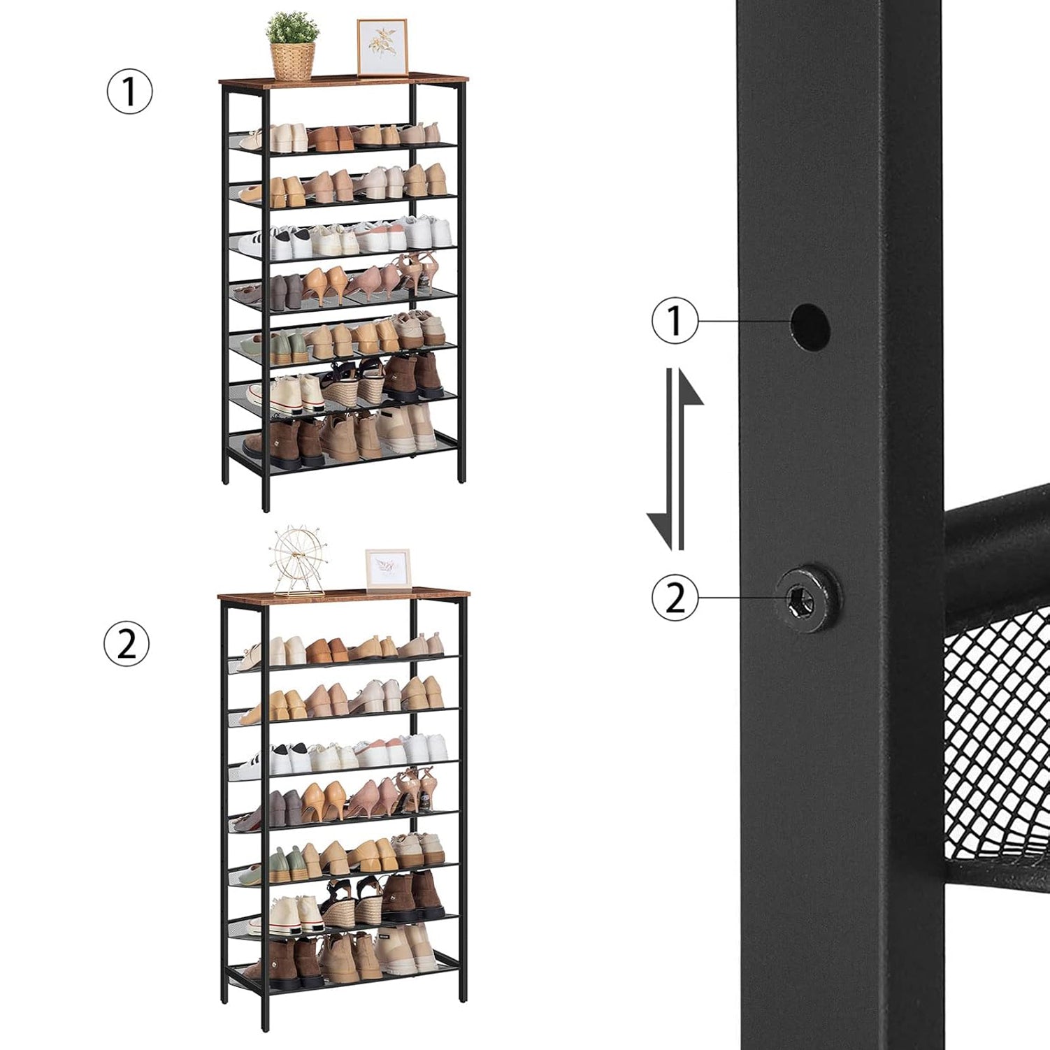 Schuhregal, 8 Ebenen, Schuhschrank, 7 verstellbares netzablage, für 24-32 Paar, Schuhregal Schmal Hoch, Braun-schwarz, HOOBRO, 3