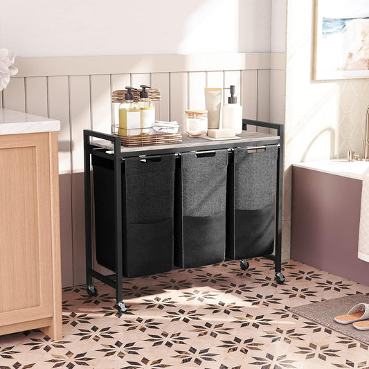 Wäschekorb 3 Fächer, Wäschesortierer, 3x39,8 L, Wäschekorb mit ablage, Wäschewagen mit rollen, Greige-Schwarz, HOOBRO, 1