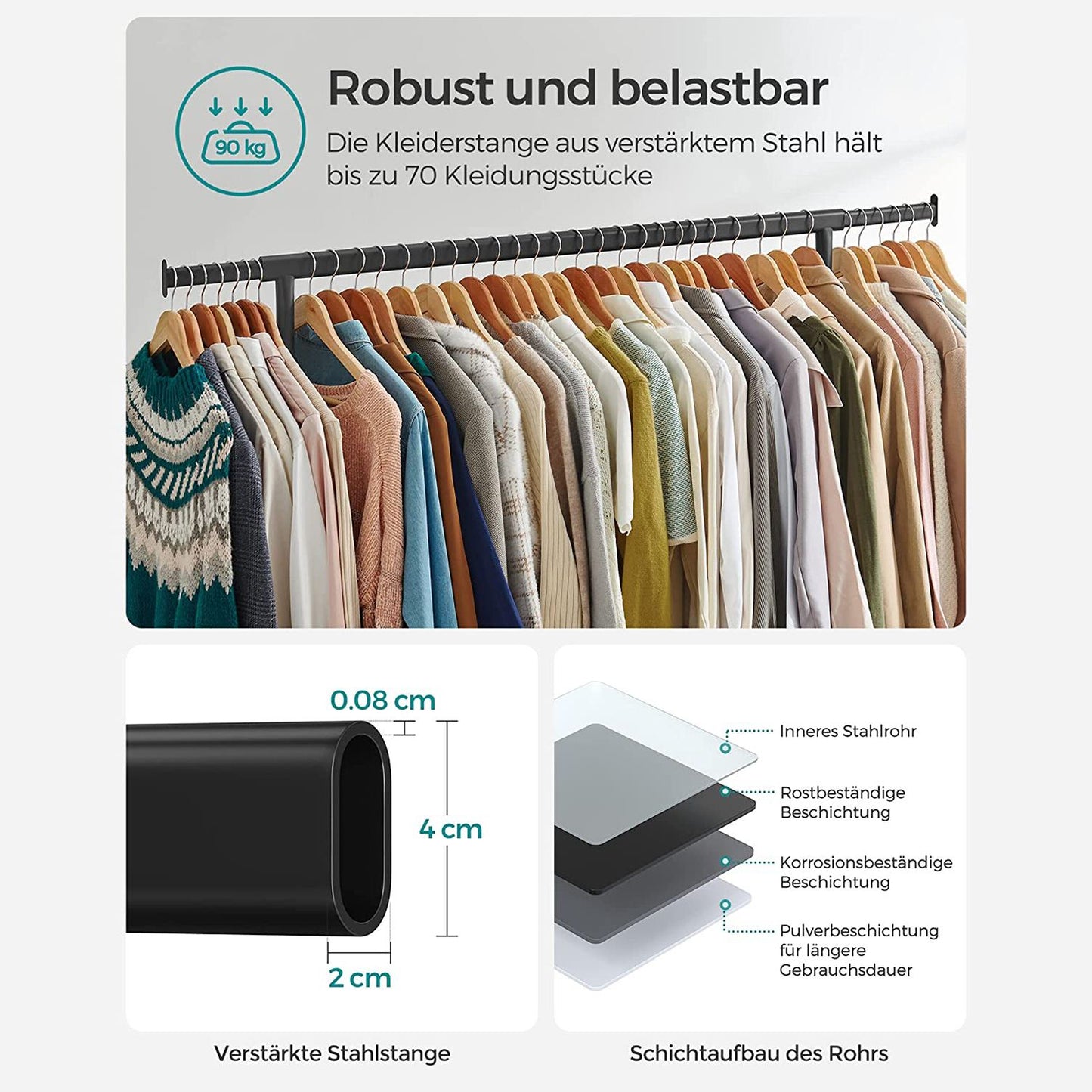 Kleiderständer auf Rollen, Schwerlast Kleiderständer, bis 130 kg belastbar, Garderobenständer, Metall, Schwarz, SONGMICS, 4