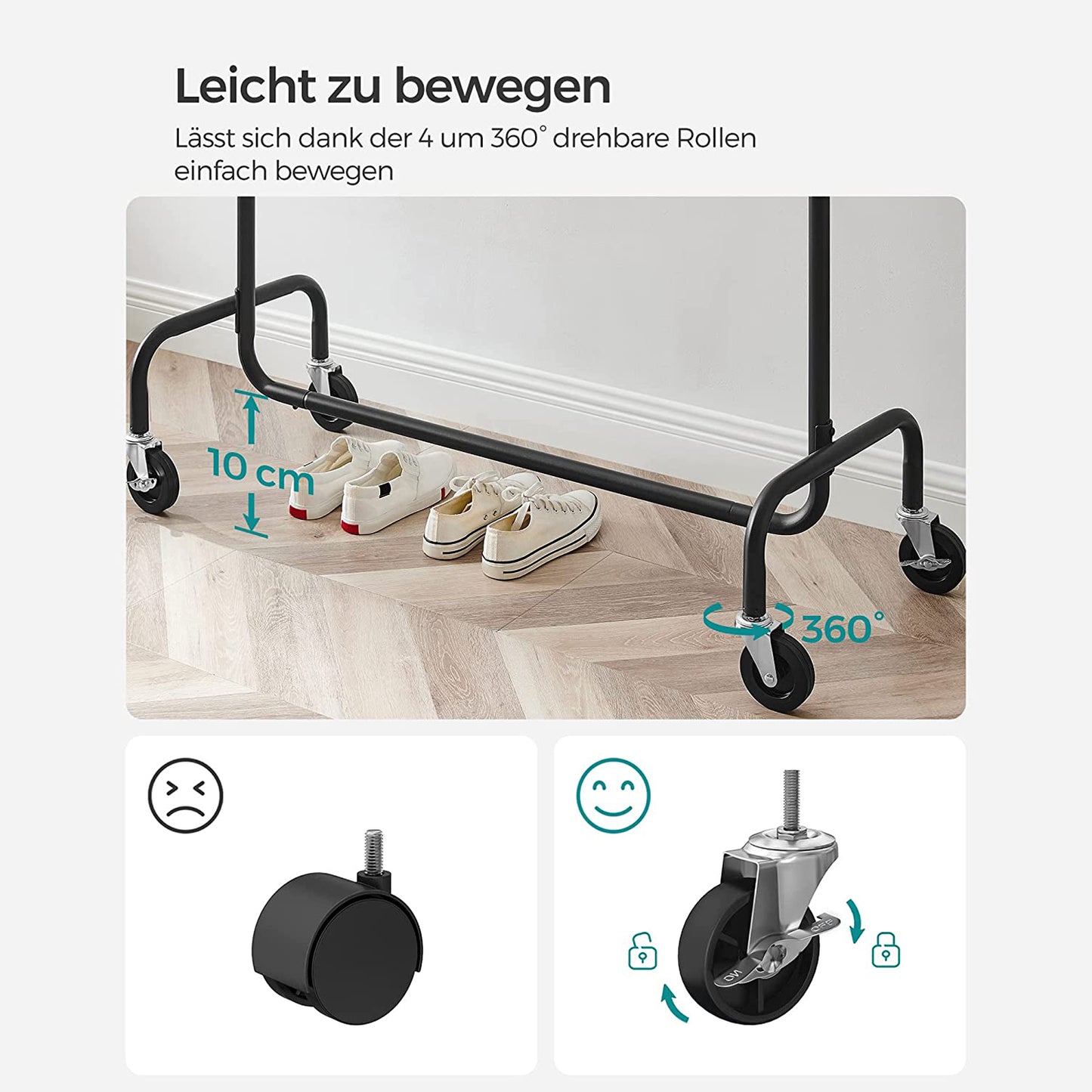 Kleiderständer auf Rollen, Schwerlast Kleiderständer, bis 130 kg belastbar, Garderobenständer, Metall, Schwarz, SONGMICS, 5