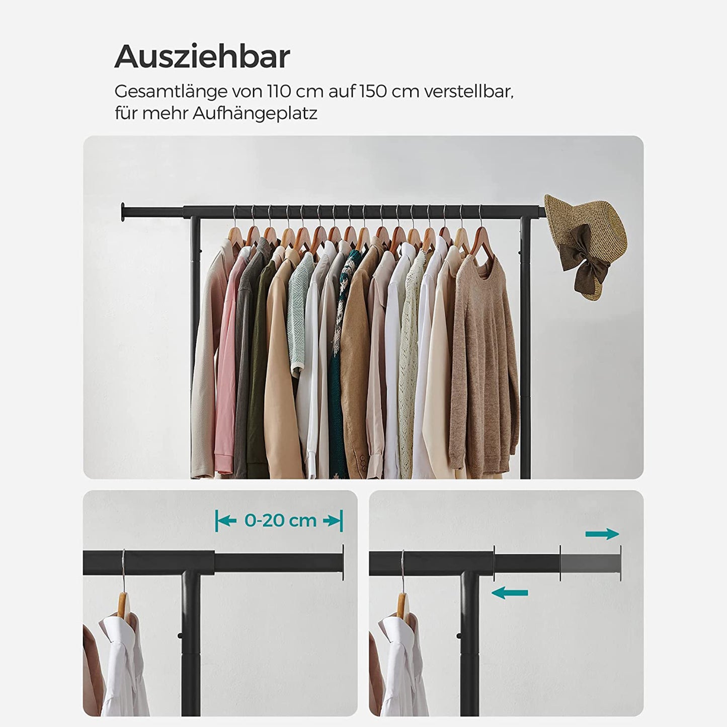 Kleiderständer auf Rollen, Schwerlast Kleiderständer, bis 130 kg belastbar, Garderobenständer, Metall, Schwarz, SONGMICS, 6