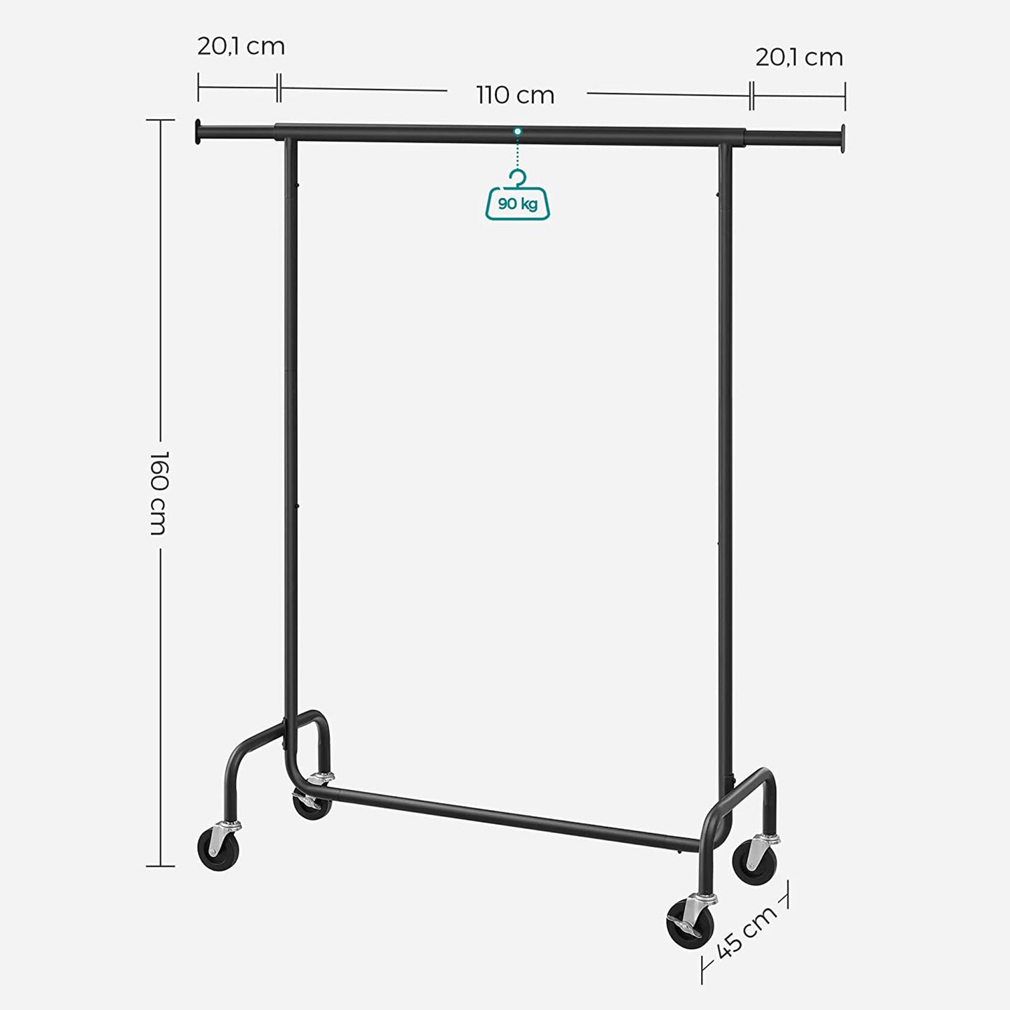Kleiderständer auf Rollen, Schwerlast Kleiderständer, bis 130 kg belastbar, Garderobenständer, Metall, Schwarz, SONGMICS, 7