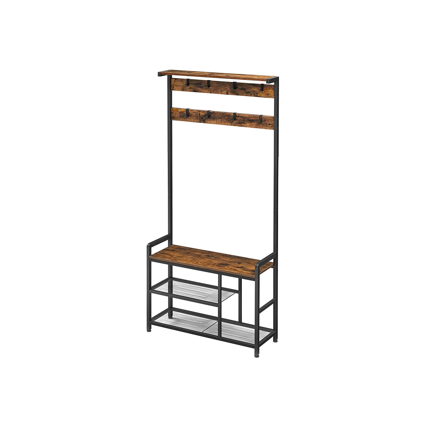 Garderobe mit sitzbank, Garderobe Flur, mit Schuhregal und Sitzfläche, 7 Haken, garderobenständer metall, schwarz, VASAGLE, 2