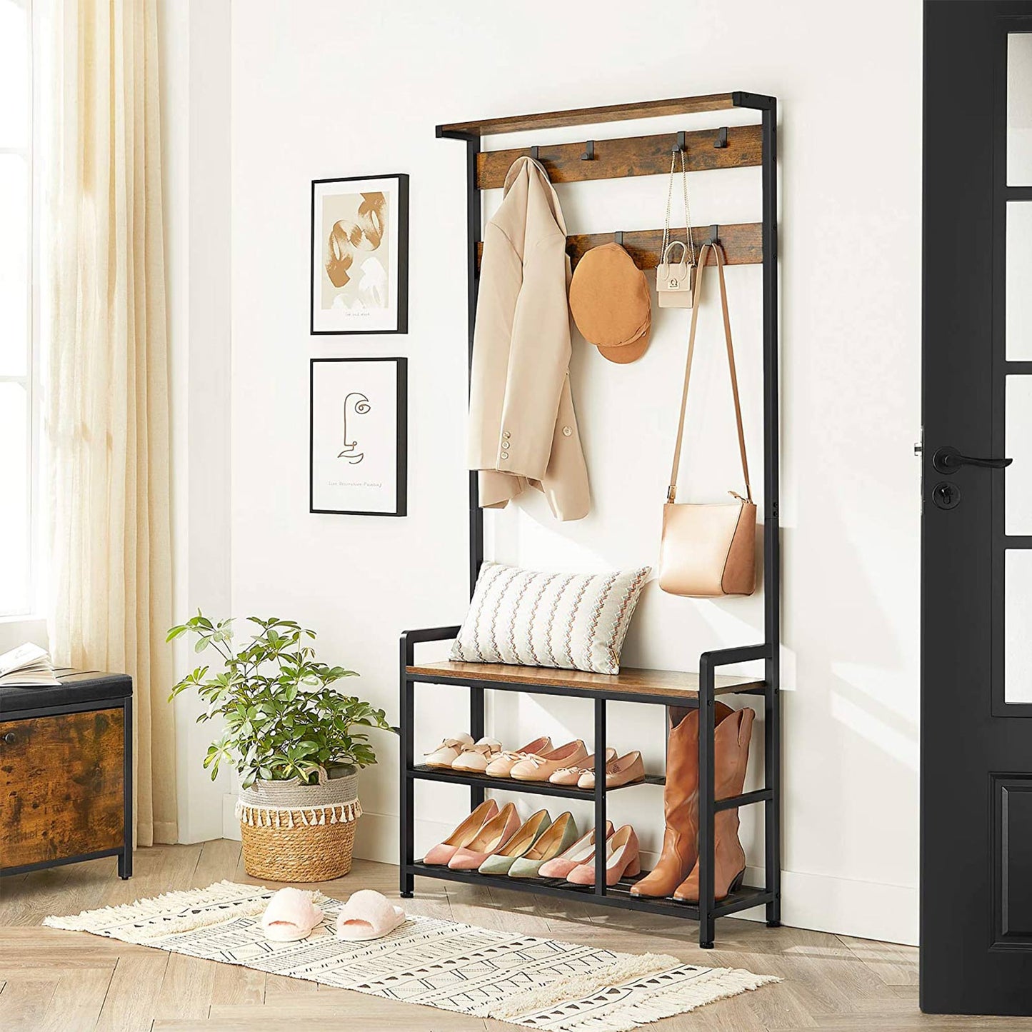 Garderobe mit sitzbank, Garderobe Flur, mit Schuhregal und Sitzfläche, 7 Haken, garderobenständer metall, schwarz, VASAGLE, 1