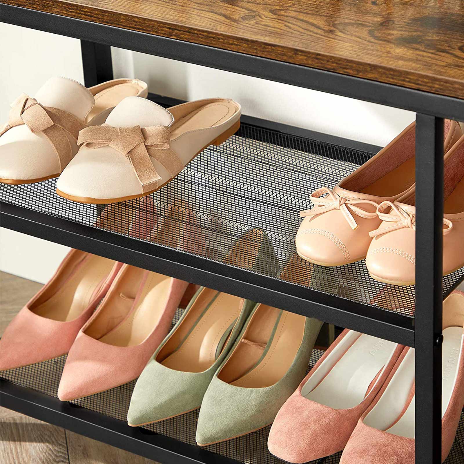 Garderobe mit sitzbank, Garderobe Flur, mit Schuhregal und Sitzfläche, 7 Haken, garderobenständer metall, schwarz, VASAGLE, 6