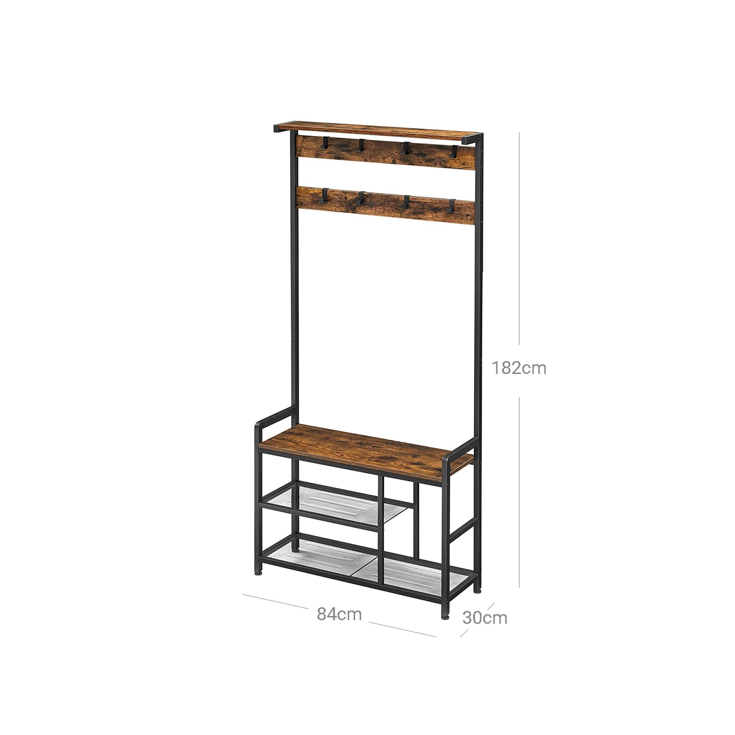 Garderobe mit sitzbank, Garderobe Flur, mit Schuhregal und Sitzfläche, 7 Haken, garderobenständer metall, schwarz, VASAGLE, 8