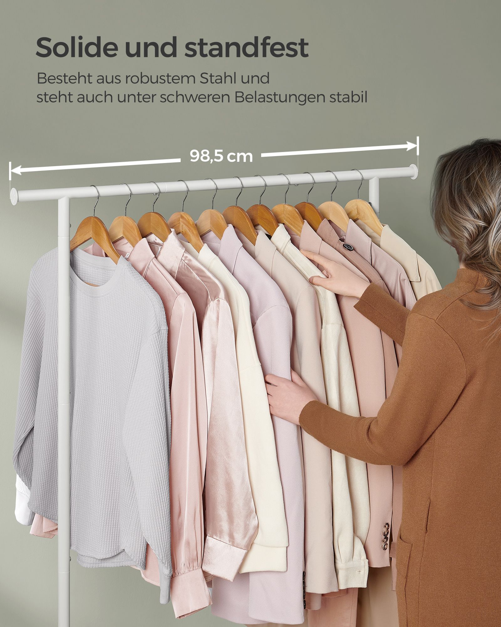 Kleiderständer stabil, Kleiderständer auf Rollen, Garderobenständer mit Ablage, bis 50 kg belastbar, beige-weiß, SONGMICS, 5