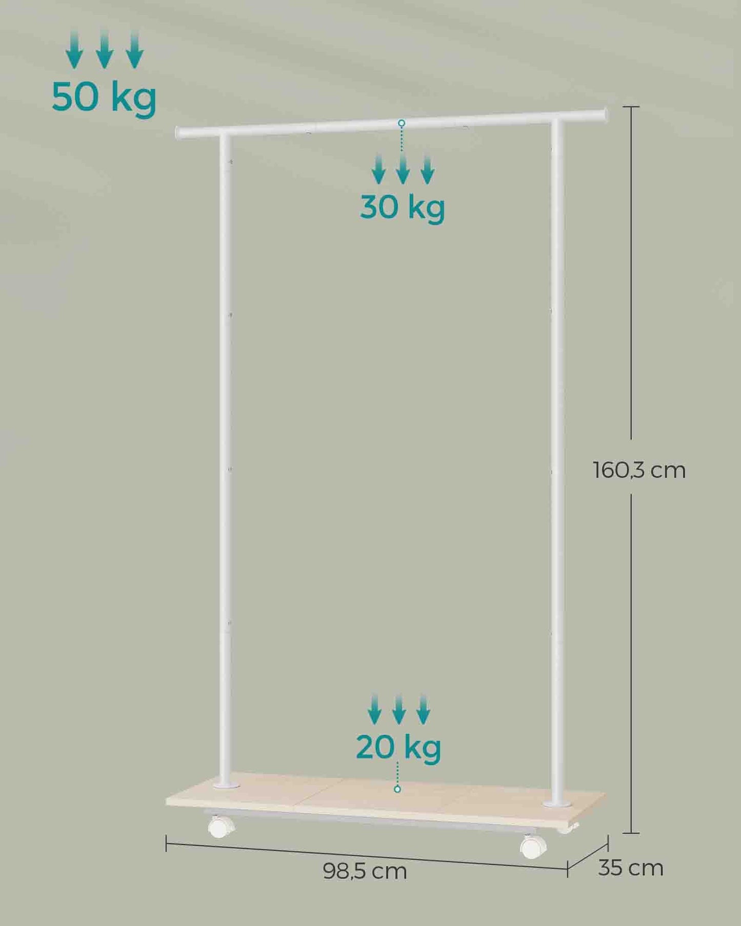 Kleiderständer stabil, Kleiderständer auf Rollen, Garderobenständer mit Ablage, bis 50 kg belastbar, beige-weiß, SONGMICS, 9