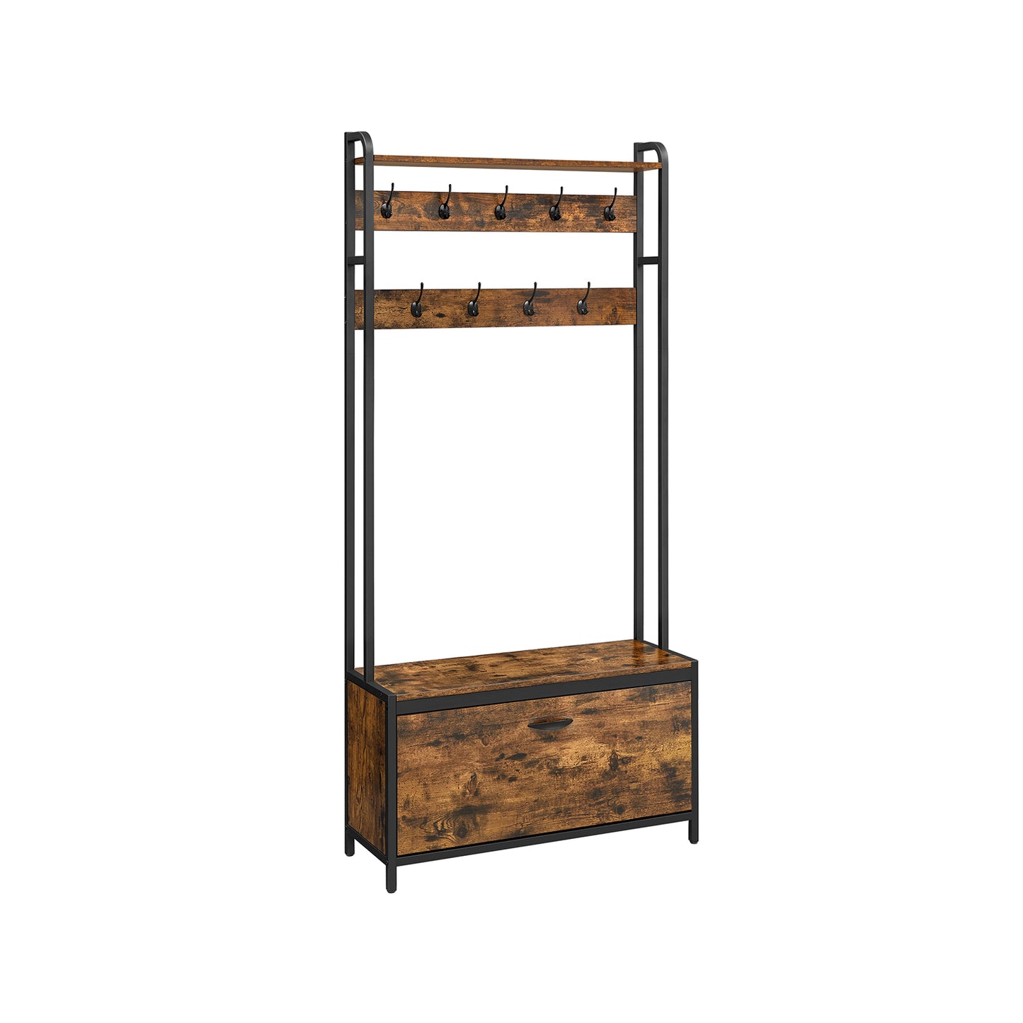 Garderobe mit sitzbank, Schuhkipper, Kleiderständer, 9 Haken, obere Ablage, garderobenständer, schwarz, VASAGLE, 2